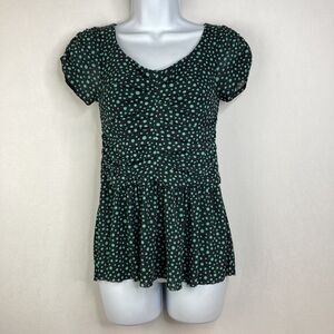 Postmark Anthropologie Women's Top Black Green Polka Dot Ruche Shirt Small